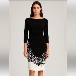 Ralph Lauren Black and White Floral Border Print Ruched Sheath Dress Size 10
